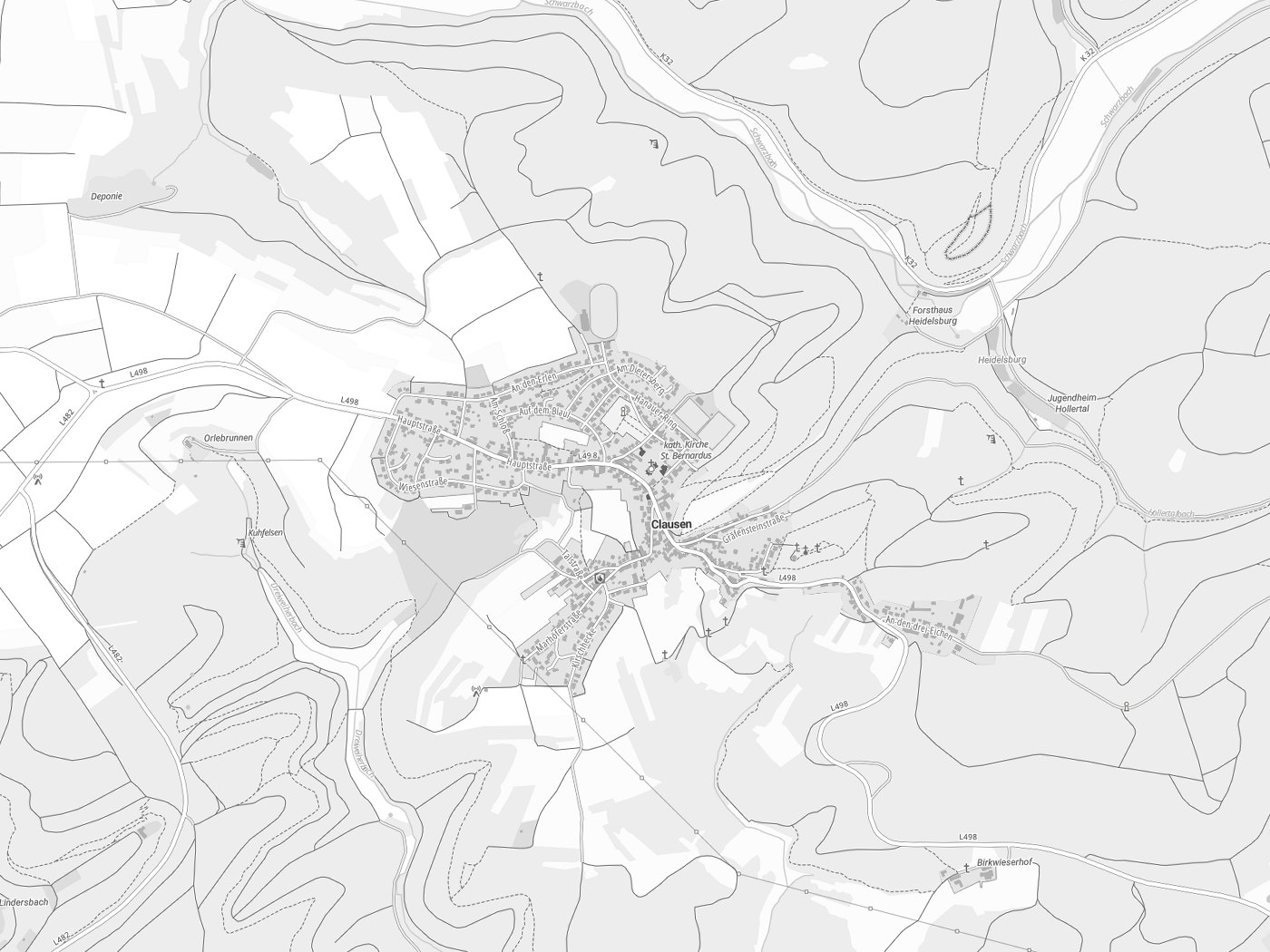 Kartenausschnitt Clausen mit Gewässern