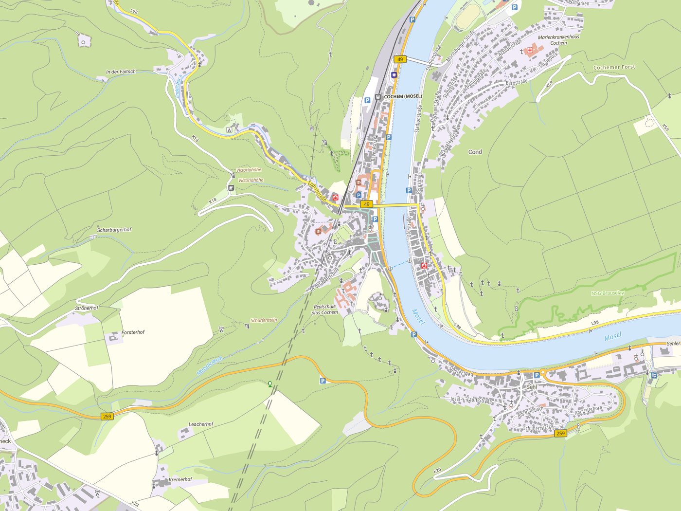 Kartenausschnitt Cochem mit Gewässern