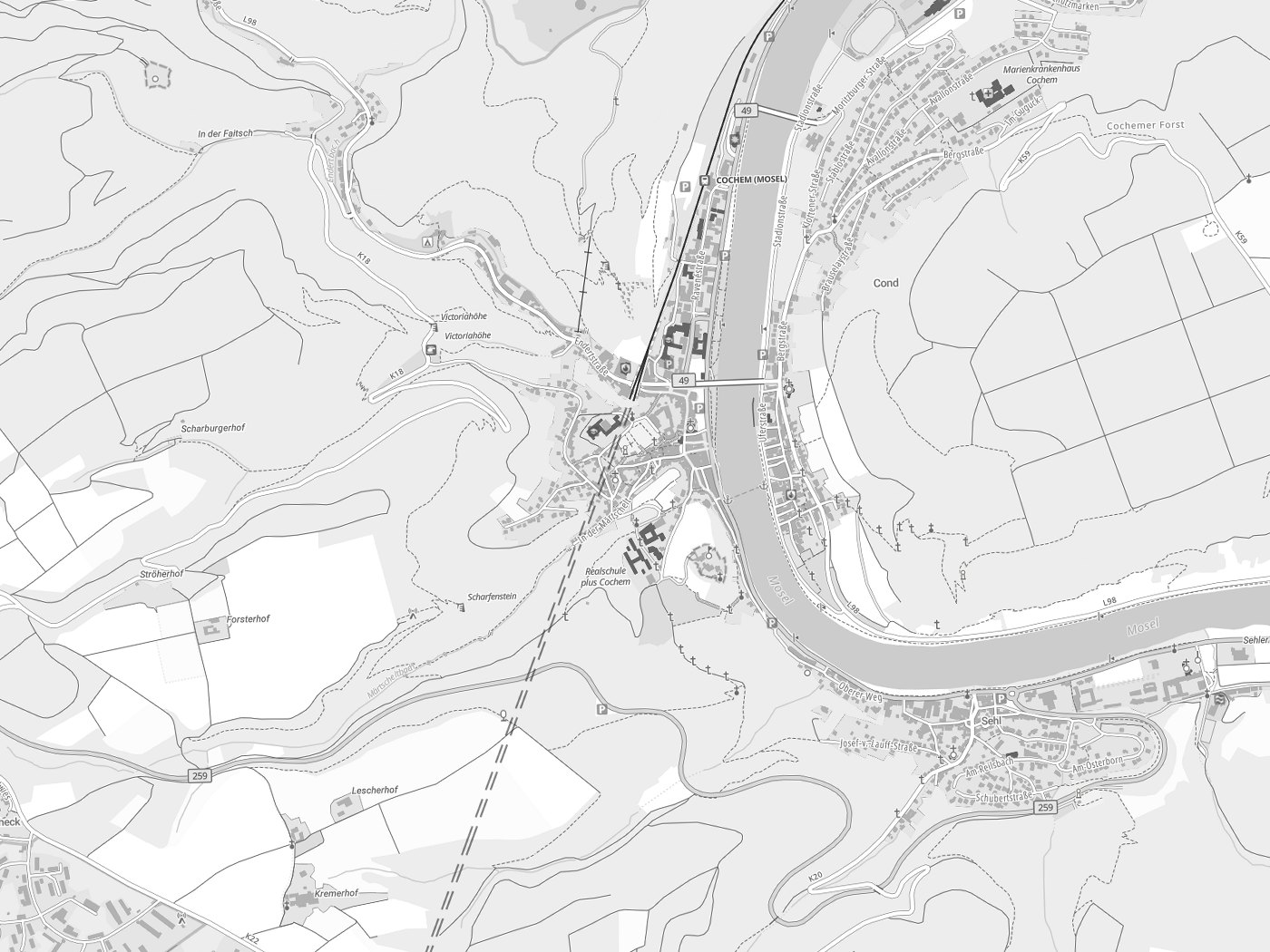 Kartenausschnitt Cochem mit Gewässern