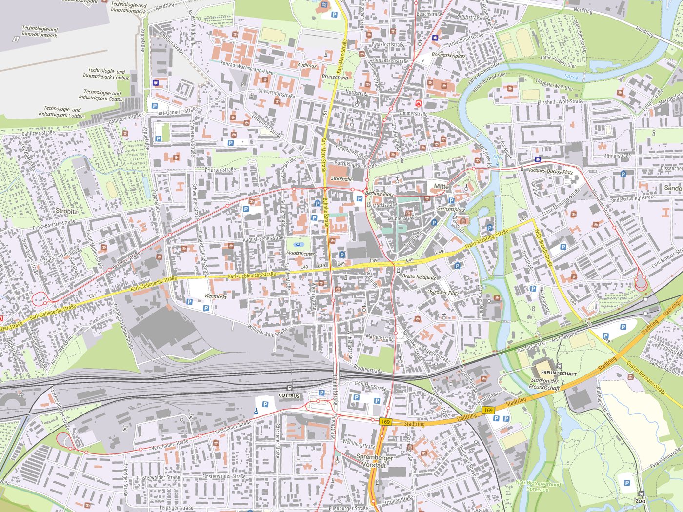 Kartenausschnitt Cottbus mit Gewässern
