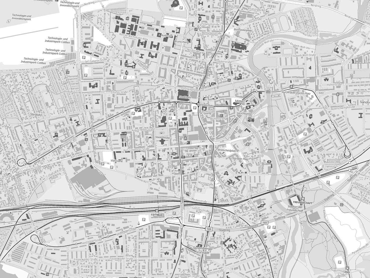 Kartenausschnitt Cottbus mit Gewässern