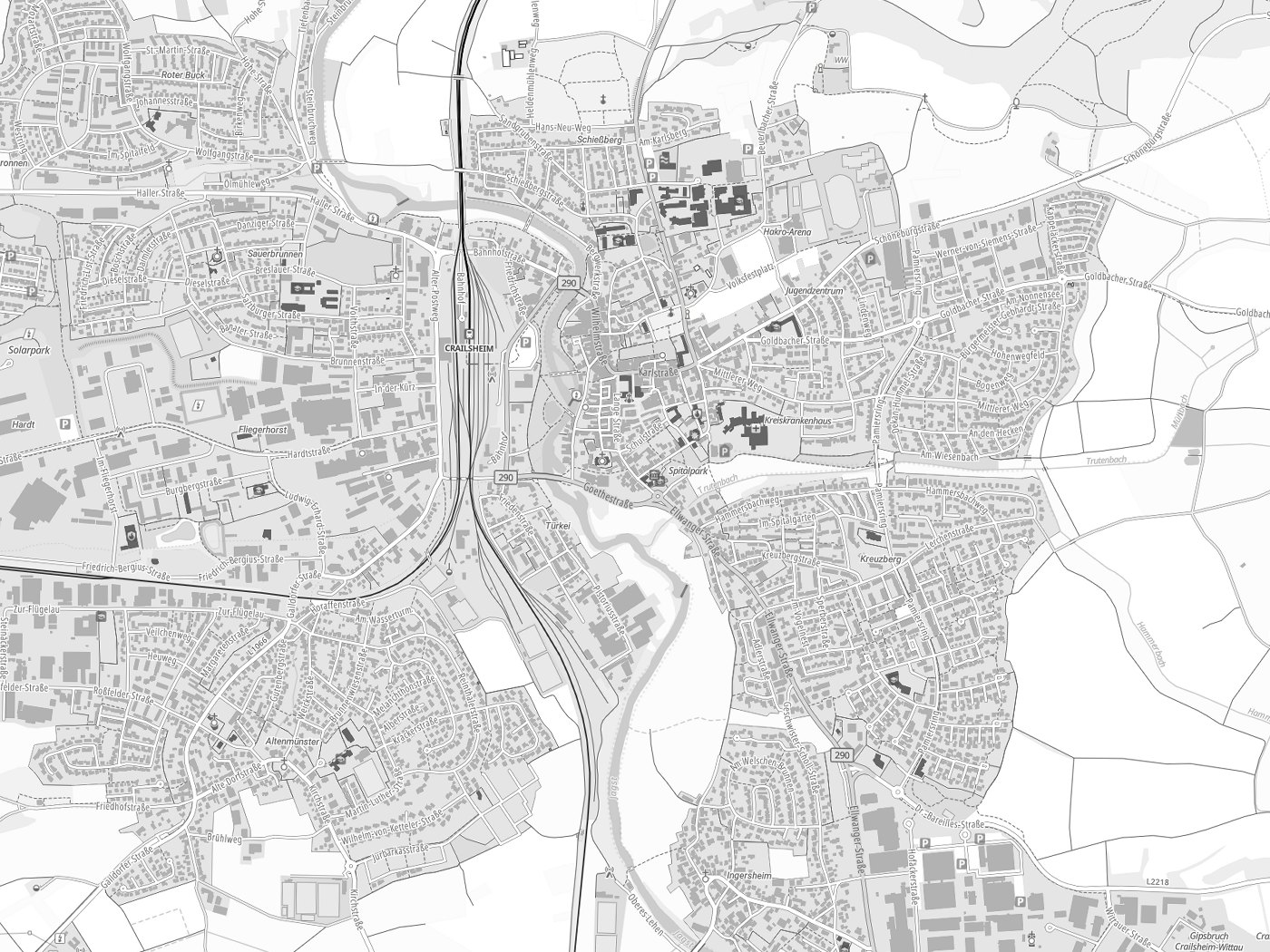 Kartenausschnitt Crailsheim mit Gewässern