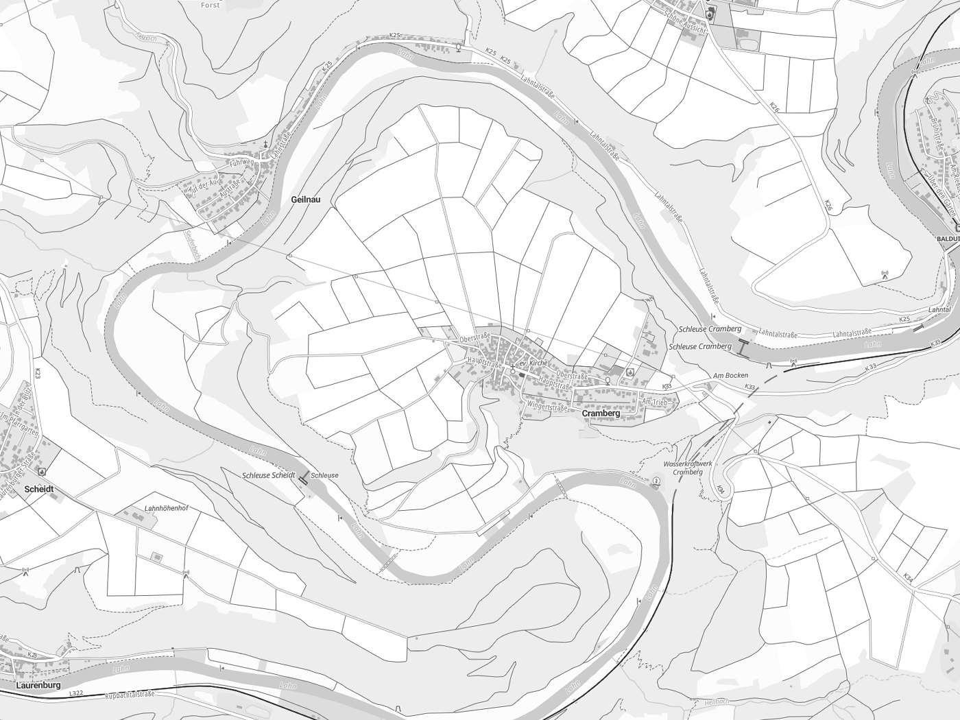 Kartenausschnitt Cramberg mit Gewässern