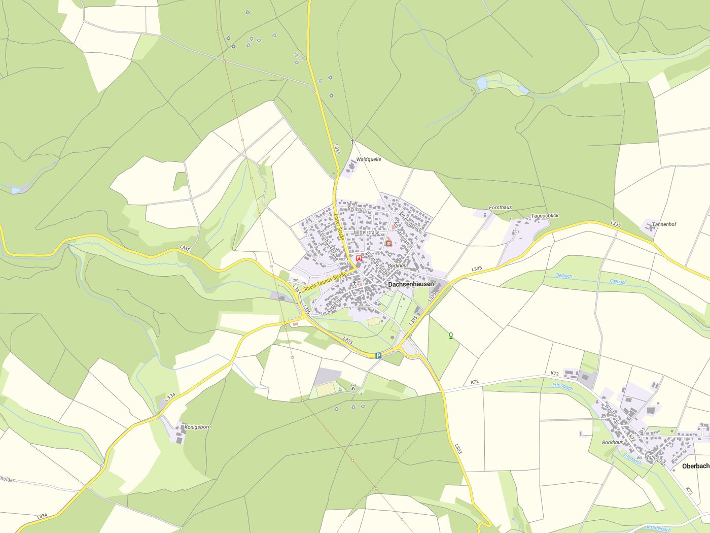 Kartenausschnitt Dachsenhausen mit Gewässern