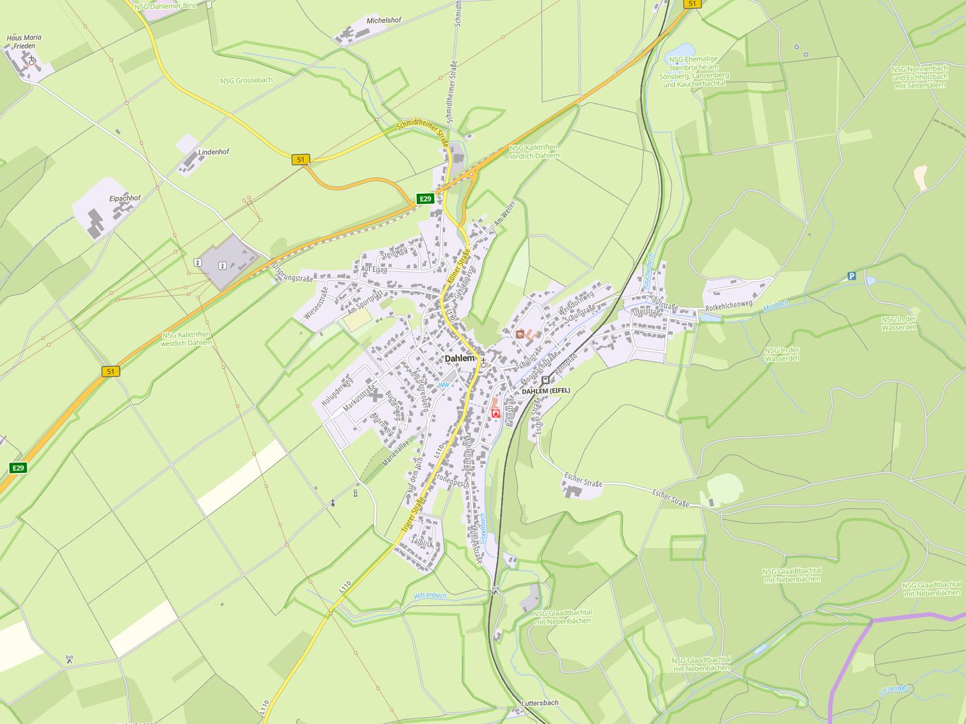 Kartenausschnitt Dahlem mit Gewässern