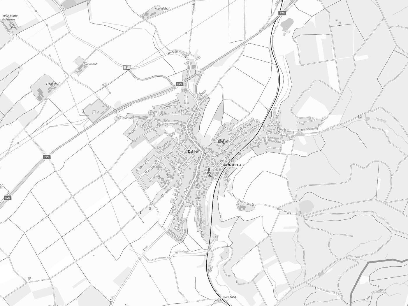 Kartenausschnitt Dahlem mit Gewässern