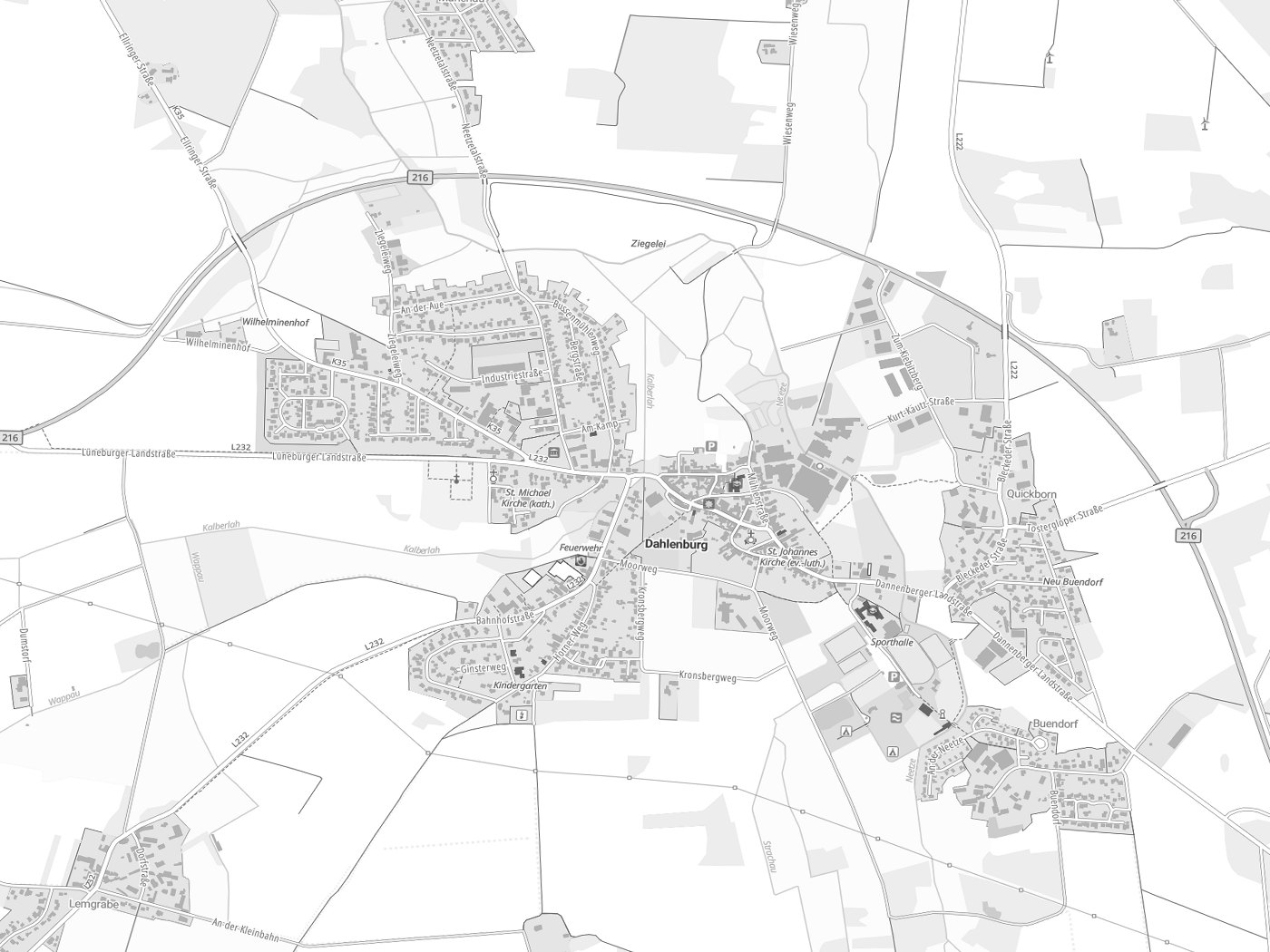 Kartenausschnitt Dahlenburg mit Gewässern