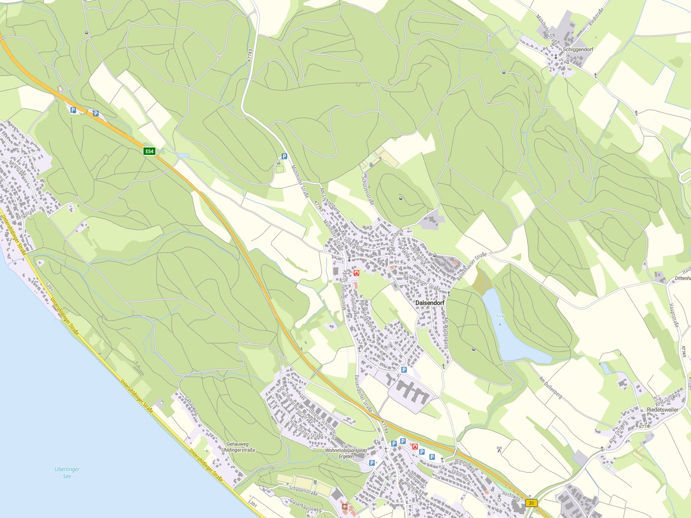 Kartenausschnitt Daisendorf mit Gewässern
