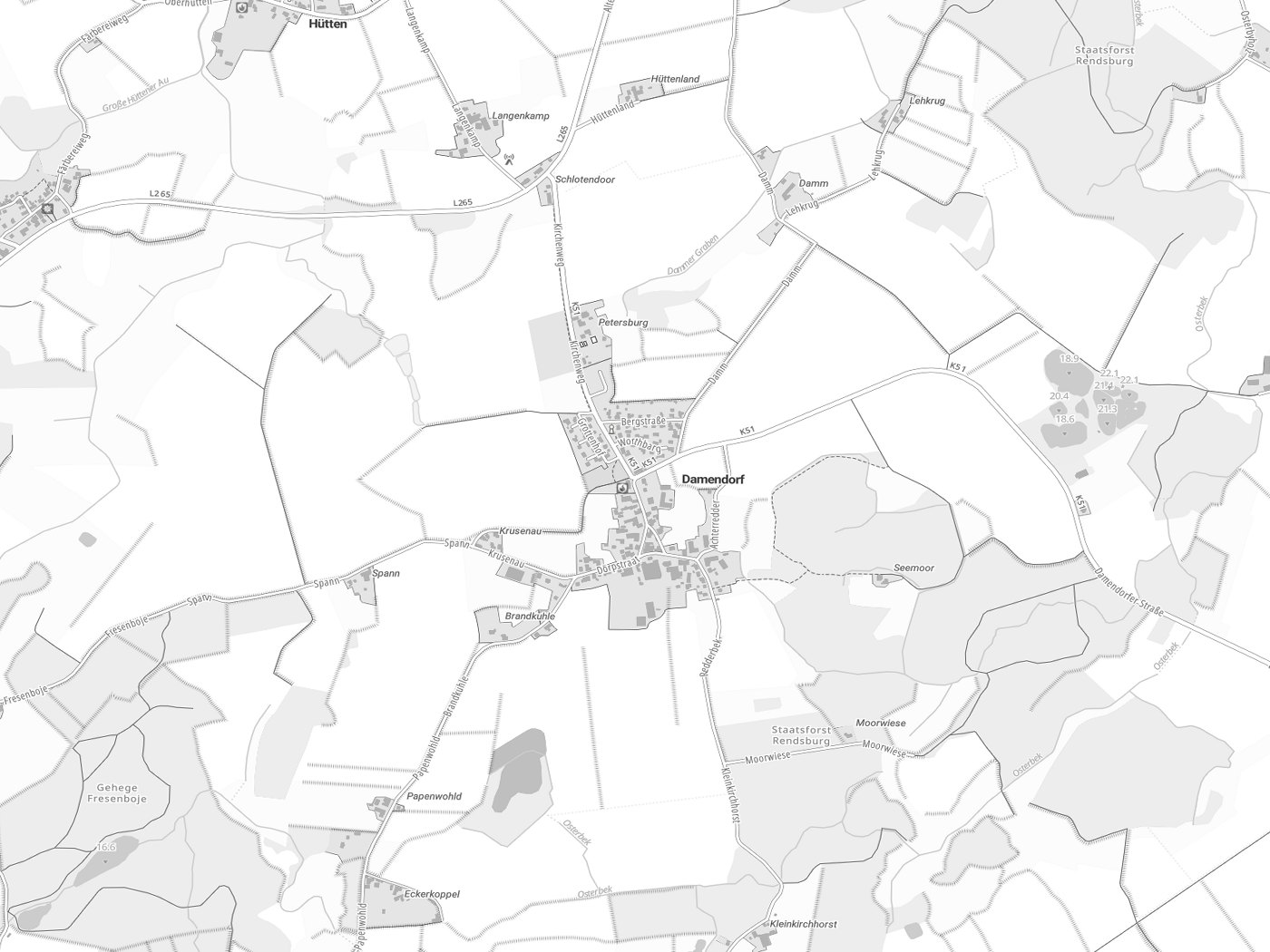 Kartenausschnitt Damendorf mit Gewässern