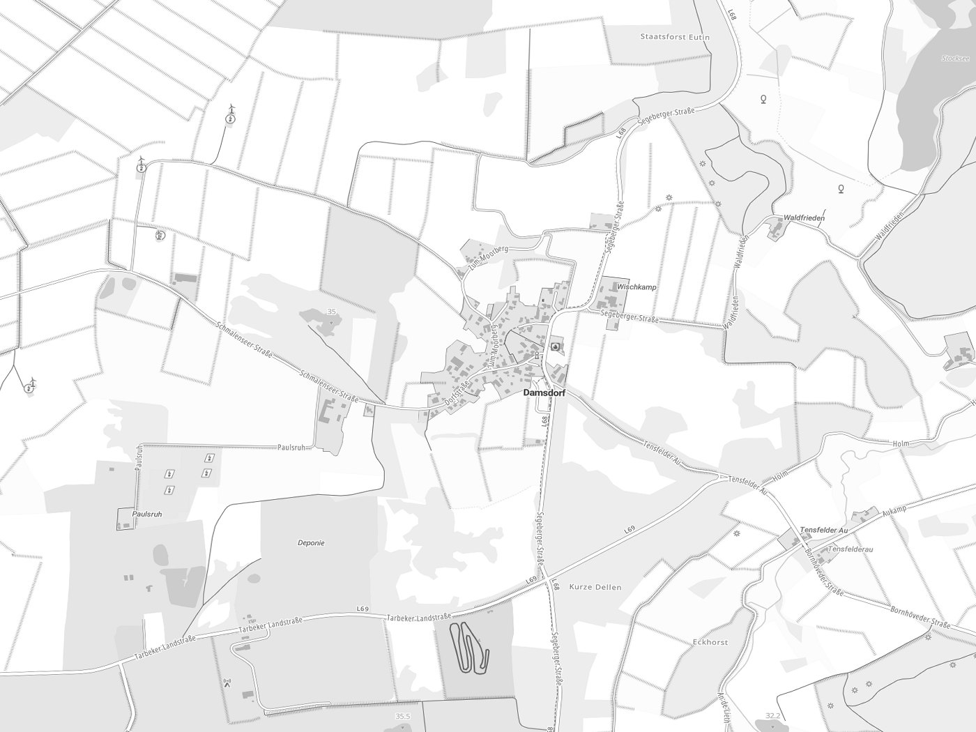 Kartenausschnitt Damsdorf mit Gewässern