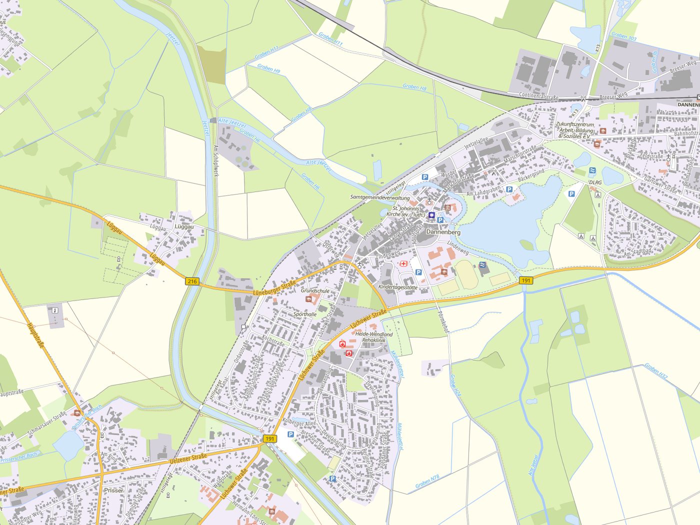 Kartenausschnitt Dannenberg (Elbe) mit Gewässern