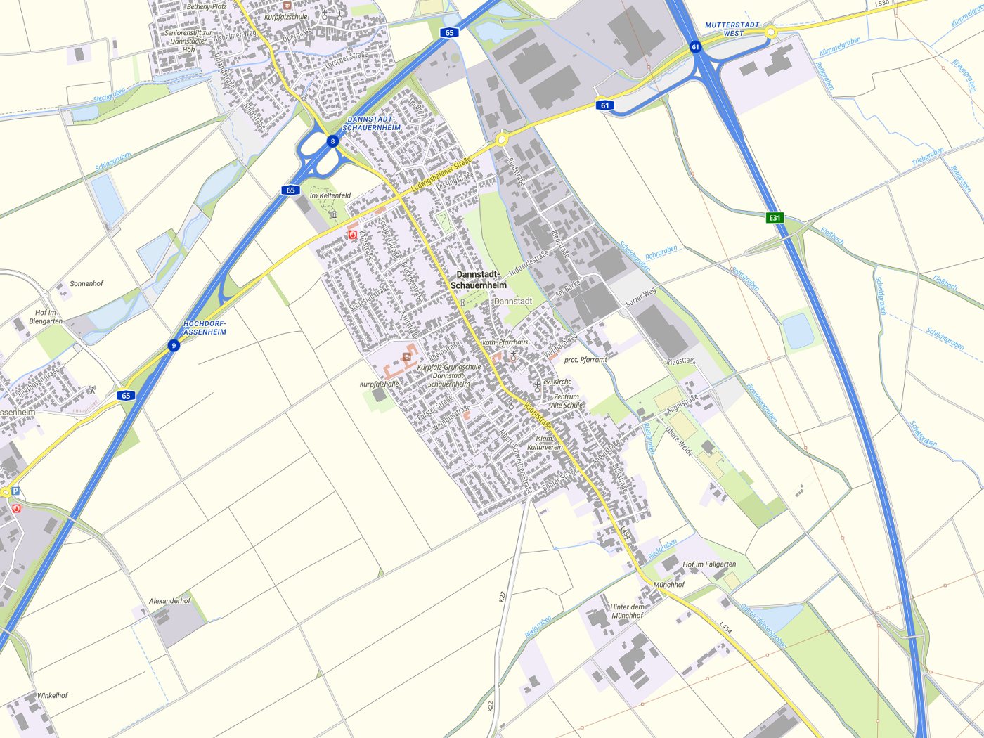 Kartenausschnitt Dannstadt-Schauernheim mit Gewässern