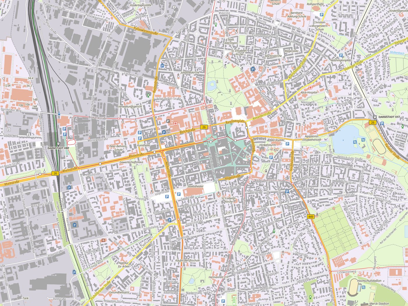 Kartenausschnitt Darmstadt mit Gewässern