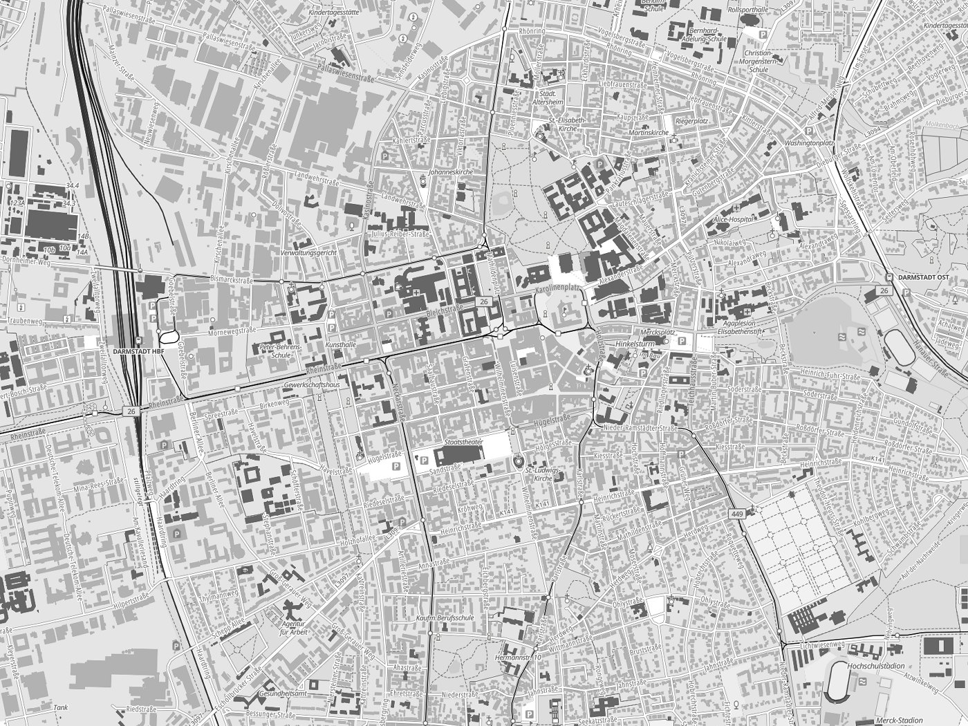 Kartenausschnitt Darmstadt mit Gewässern