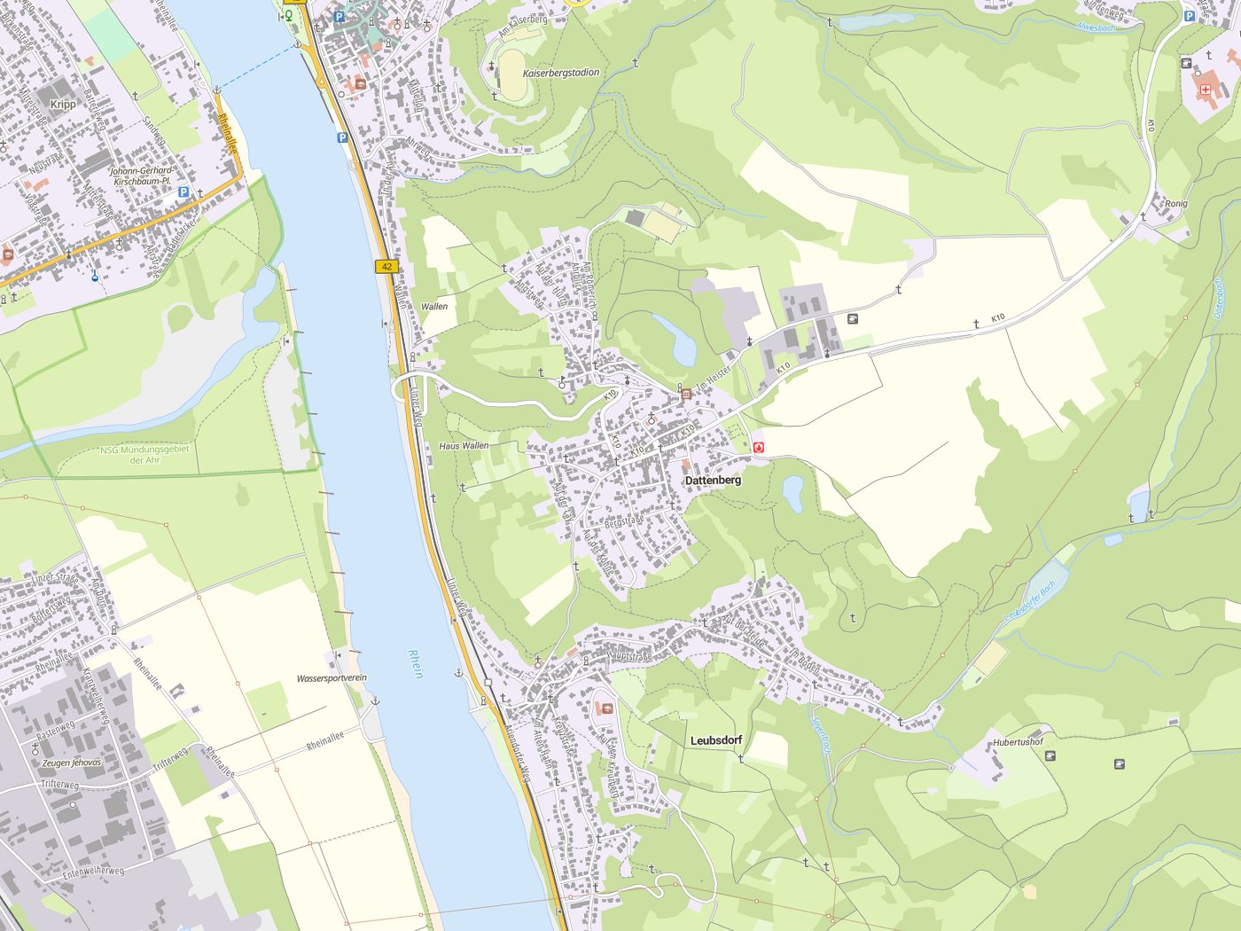 Kartenausschnitt Dattenberg mit Gewässern