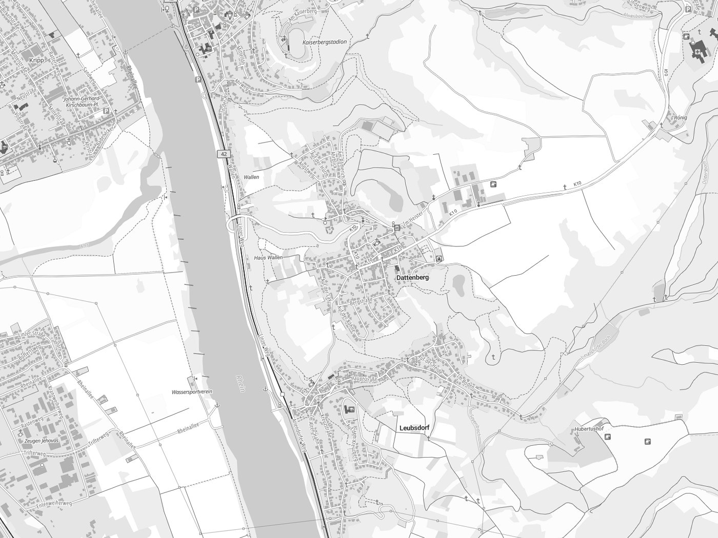 Kartenausschnitt Dattenberg mit Gewässern