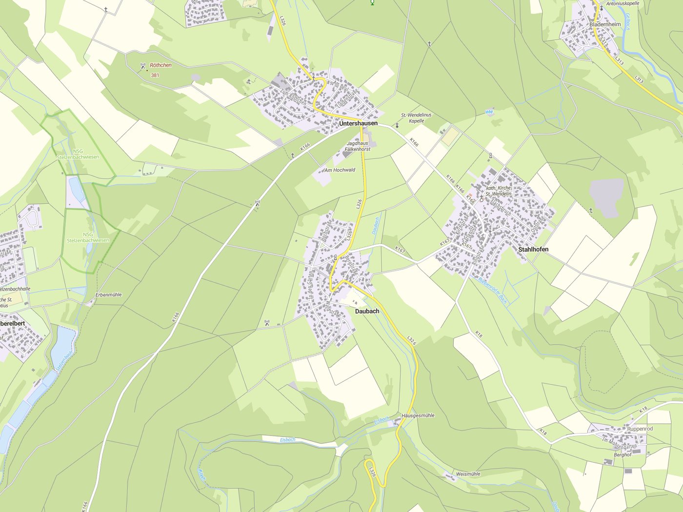 Kartenausschnitt Daubach mit Gewässern