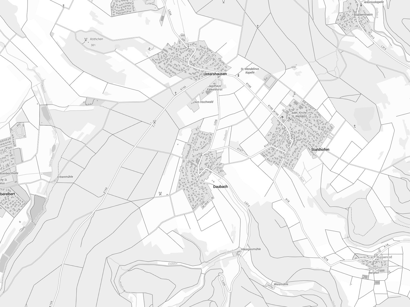 Kartenausschnitt Daubach mit Gewässern