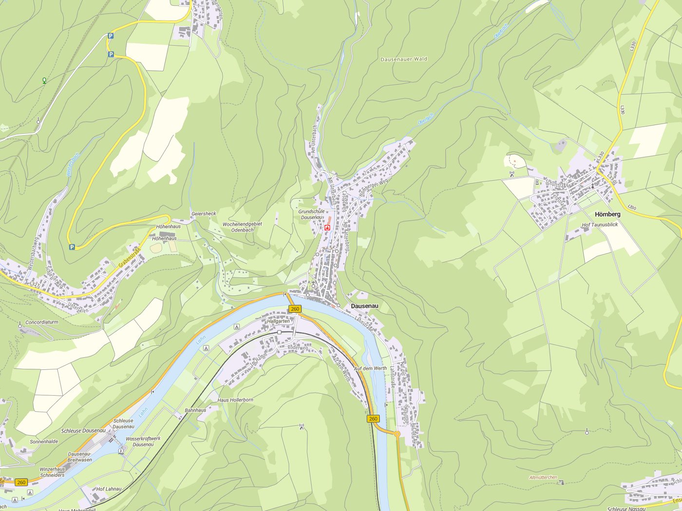 Kartenausschnitt Dausenau mit Gewässern