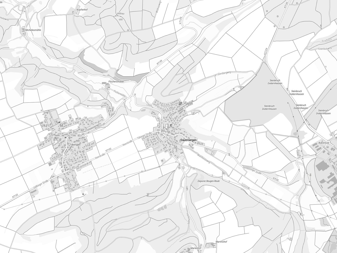 Kartenausschnitt Dautmergen mit Gewässern