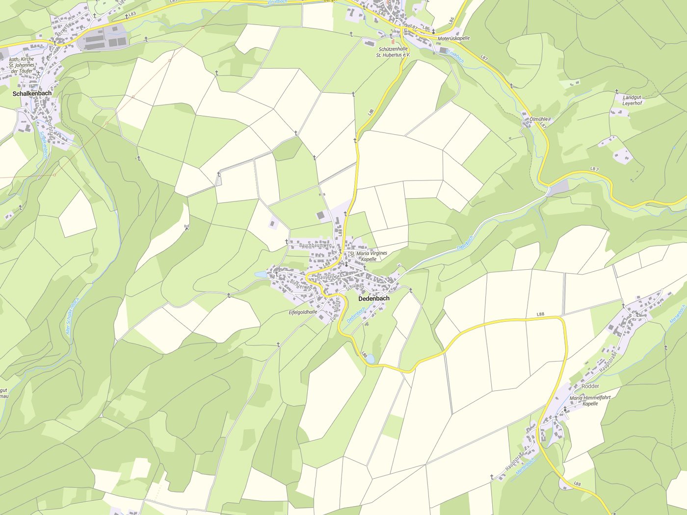 Kartenausschnitt Dedenbach mit Gewässern