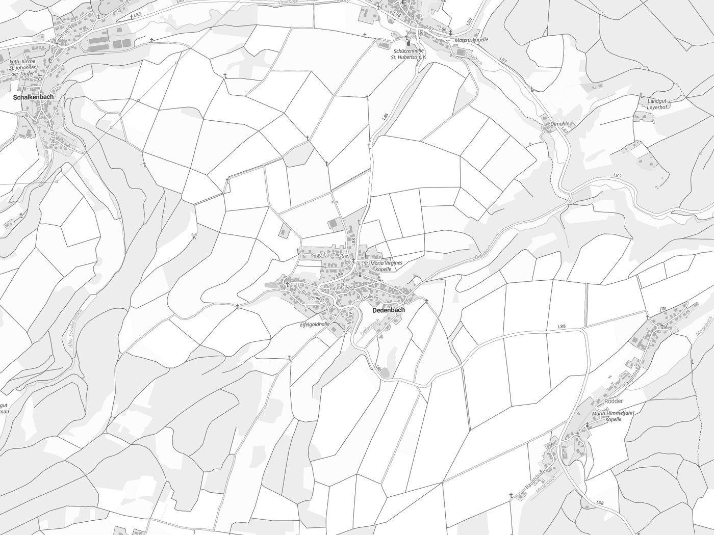Kartenausschnitt Dedenbach mit Gewässern