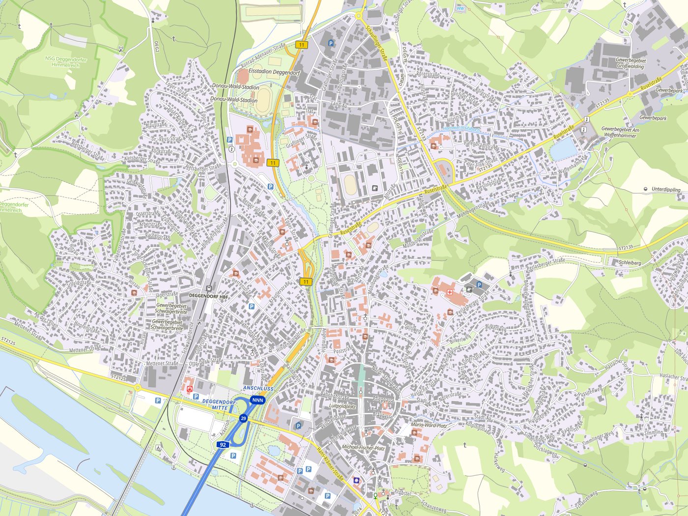 Kartenausschnitt Deggendorf mit Gewässern