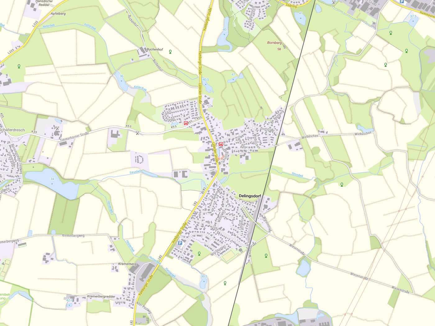 Kartenausschnitt Delingsdorf mit Gewässern