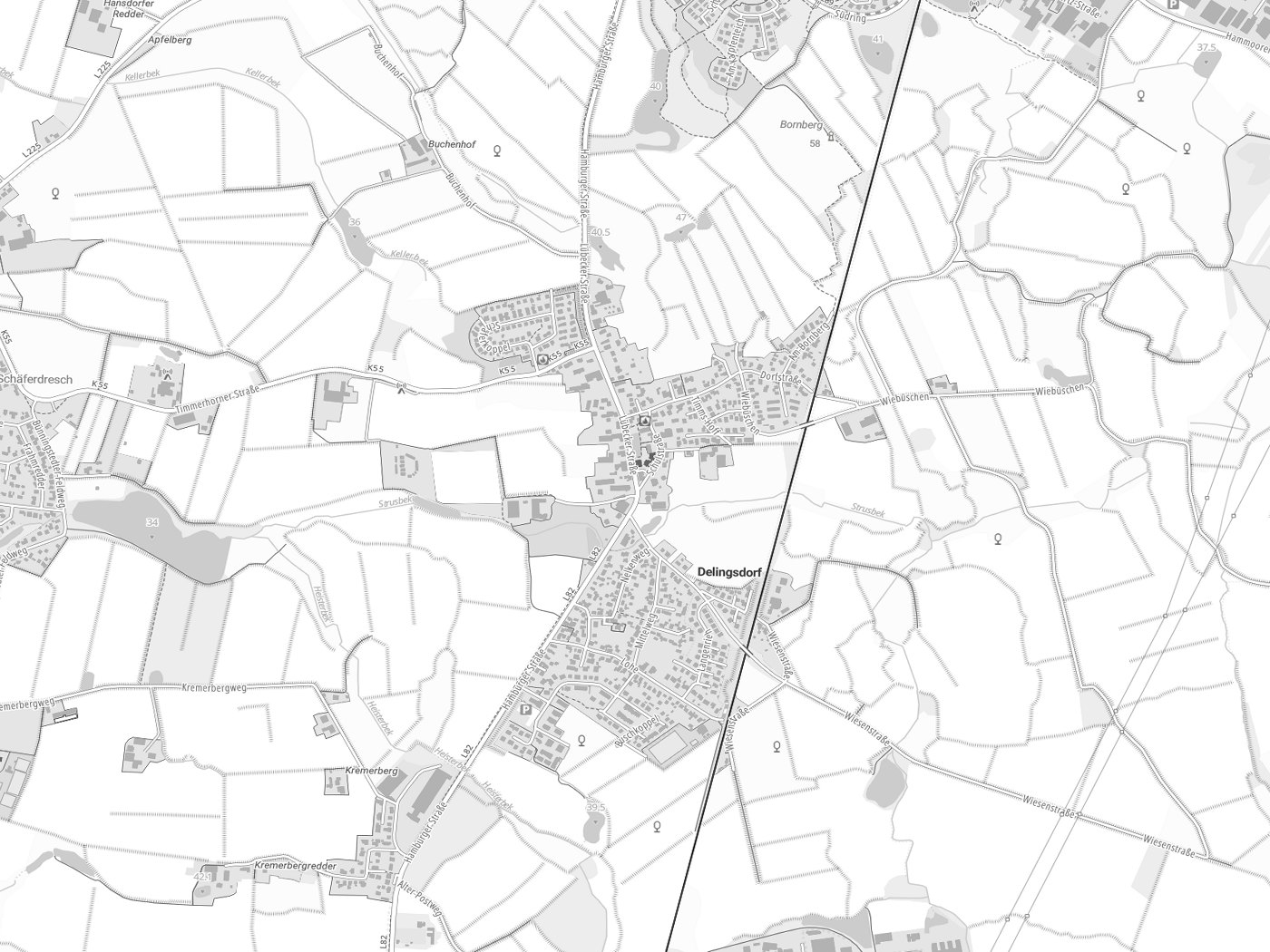 Kartenausschnitt Delingsdorf mit Gewässern