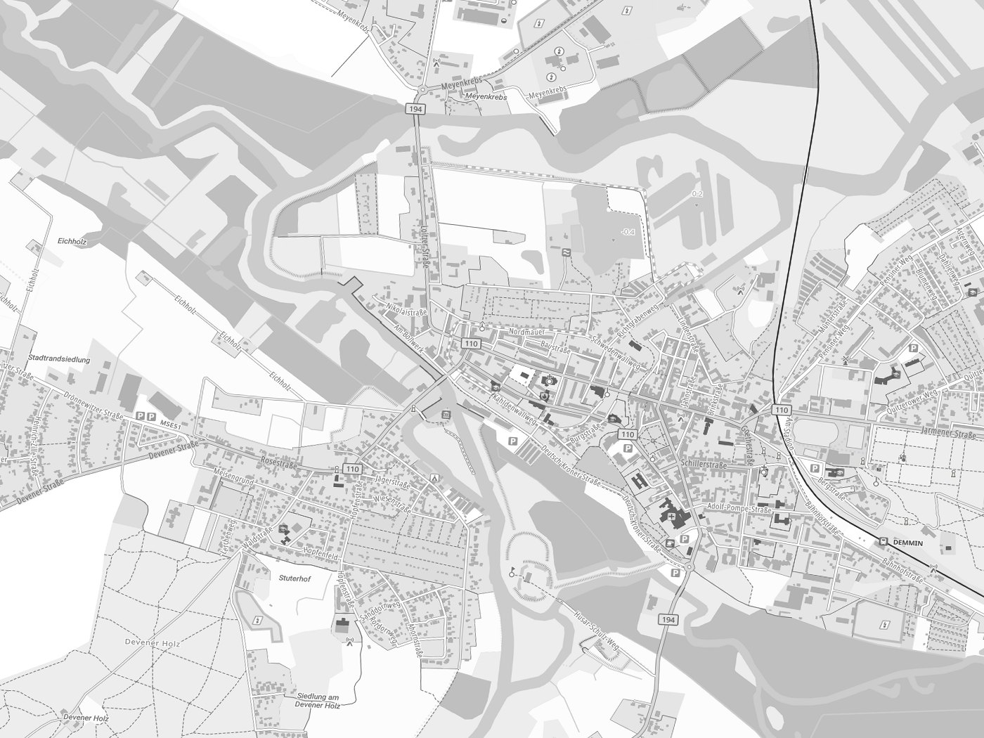 Kartenausschnitt Demmin mit Gewässern