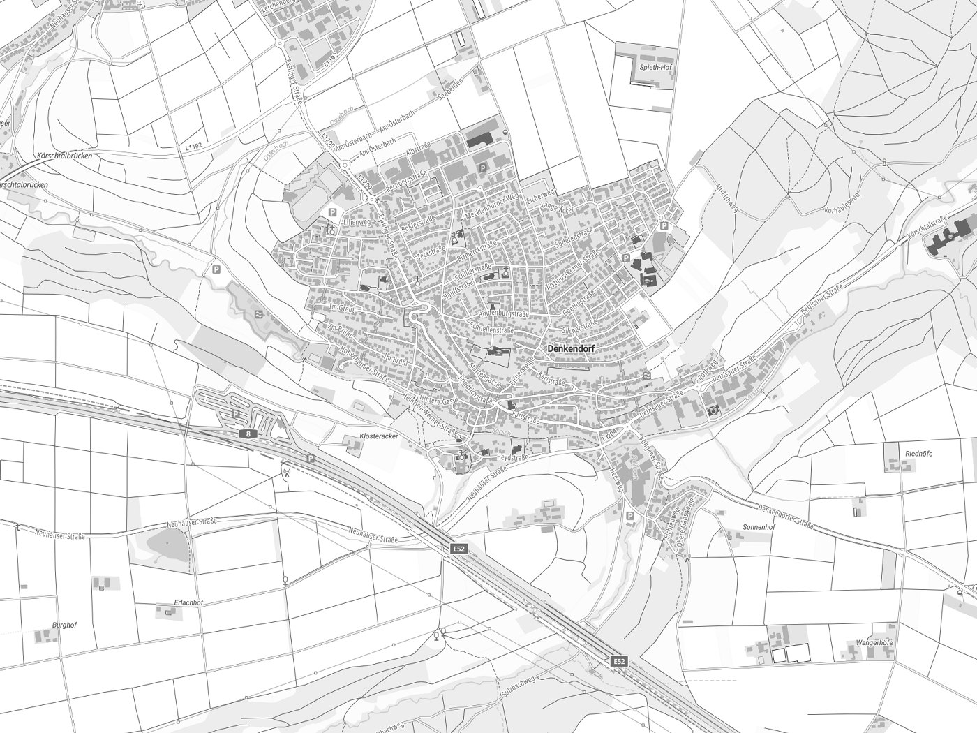 Kartenausschnitt Denkendorf mit Gewässern