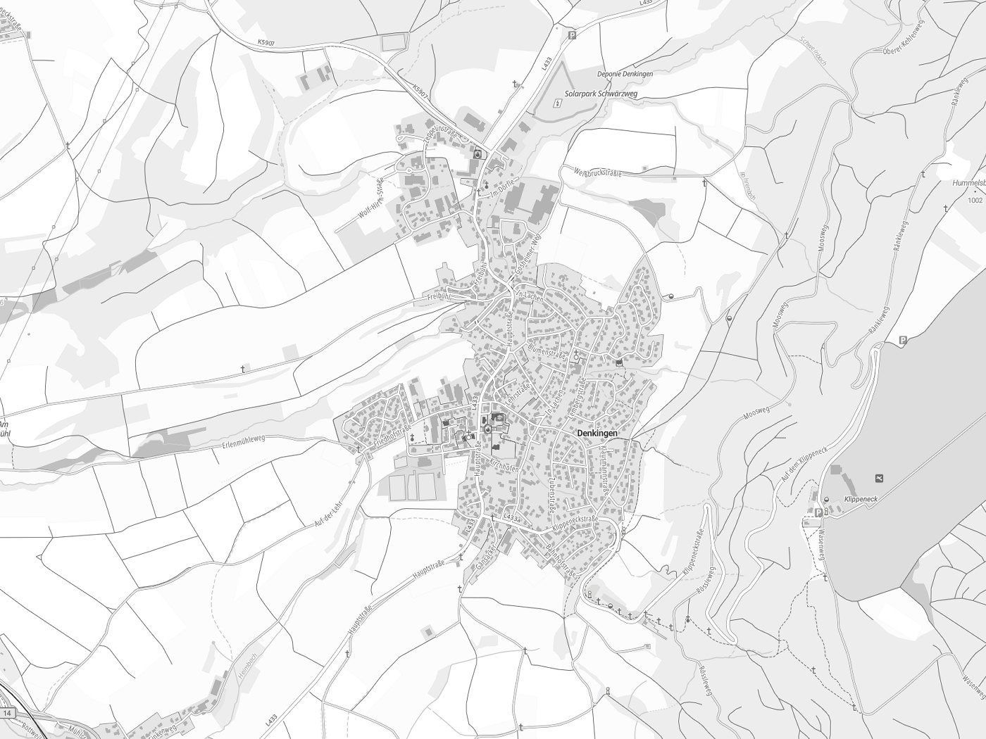 Kartenausschnitt Denkingen mit Gewässern