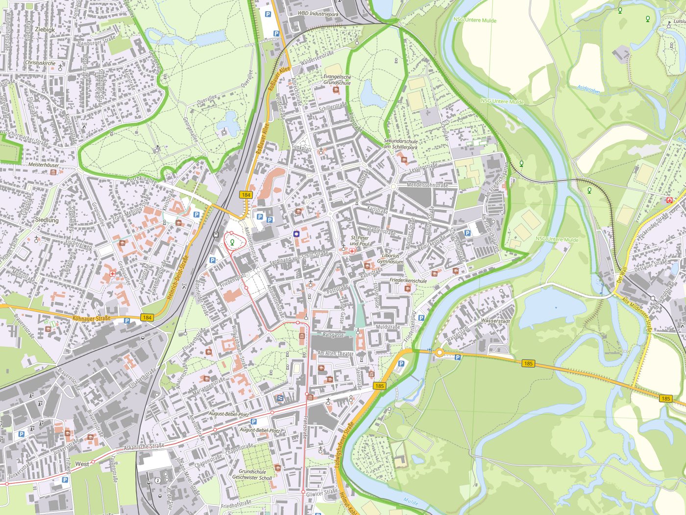 Kartenausschnitt Dessau mit Gewässern