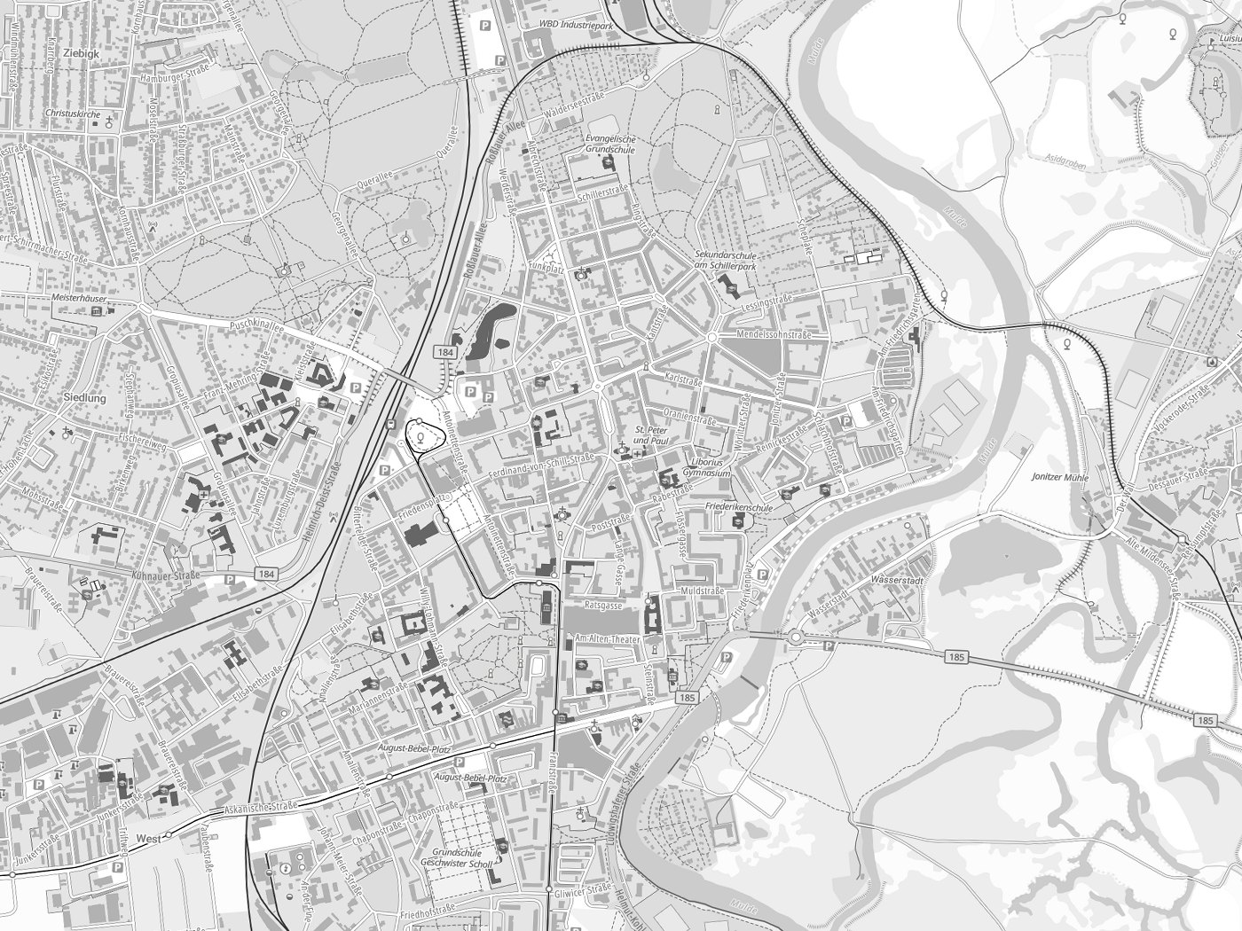 Kartenausschnitt Dessau mit Gewässern