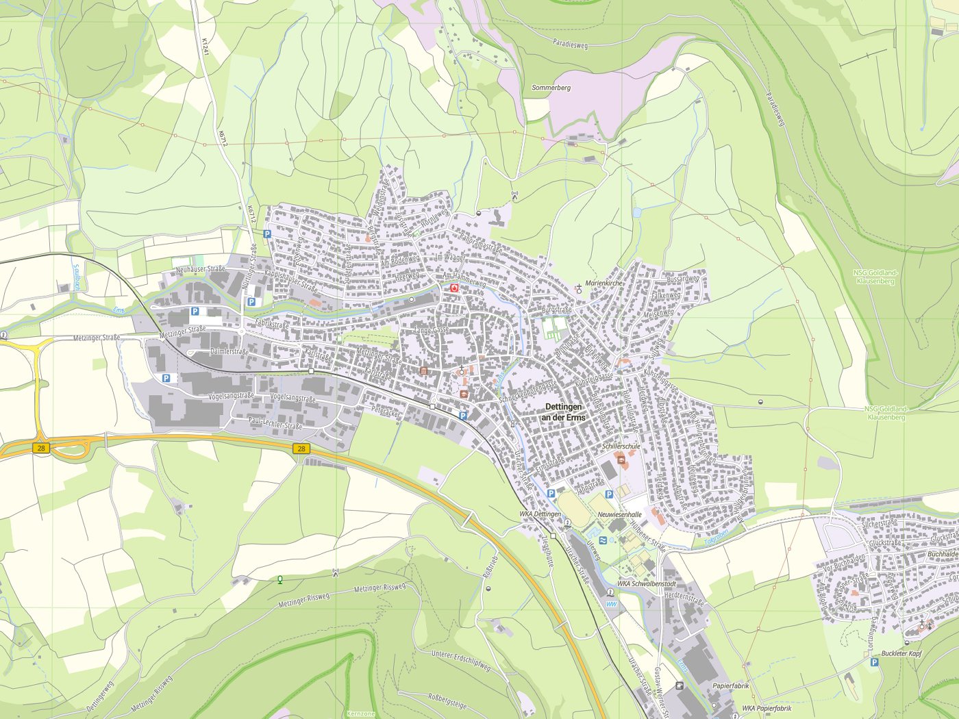 Kartenausschnitt Dettingen an der Erms mit Gewässern