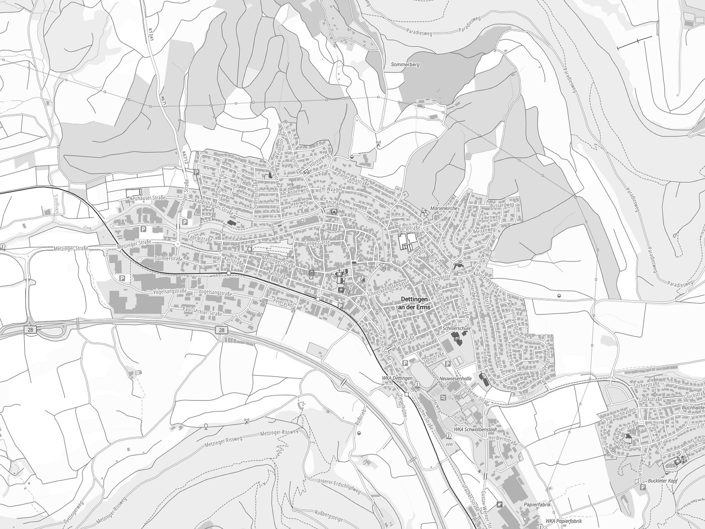 Kartenausschnitt Dettingen an der Erms mit Gewässern