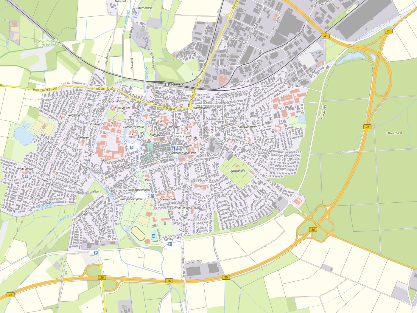 Kartenausschnitt Dieburg mit Gewässern