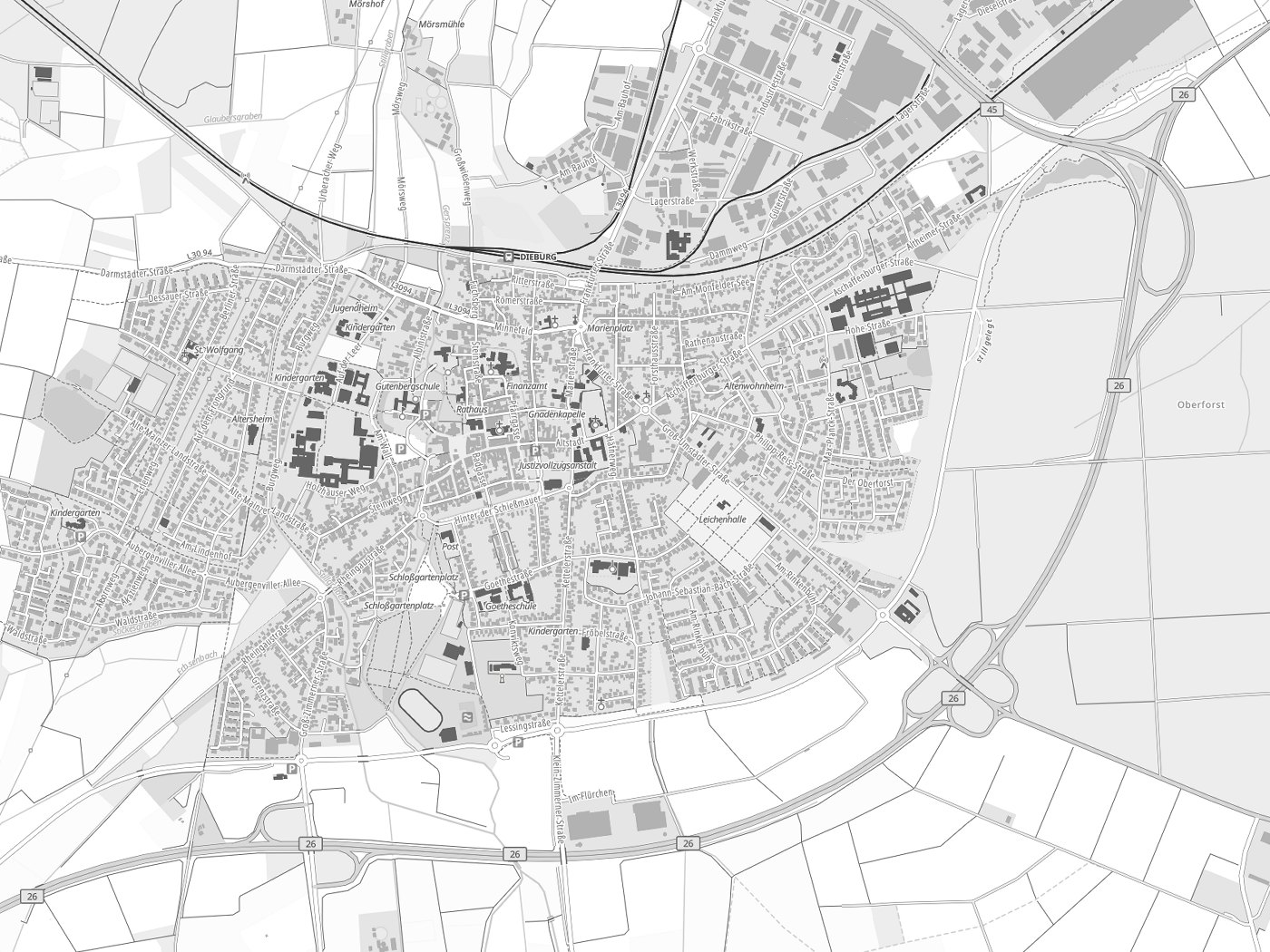 Kartenausschnitt Dieburg mit Gewässern