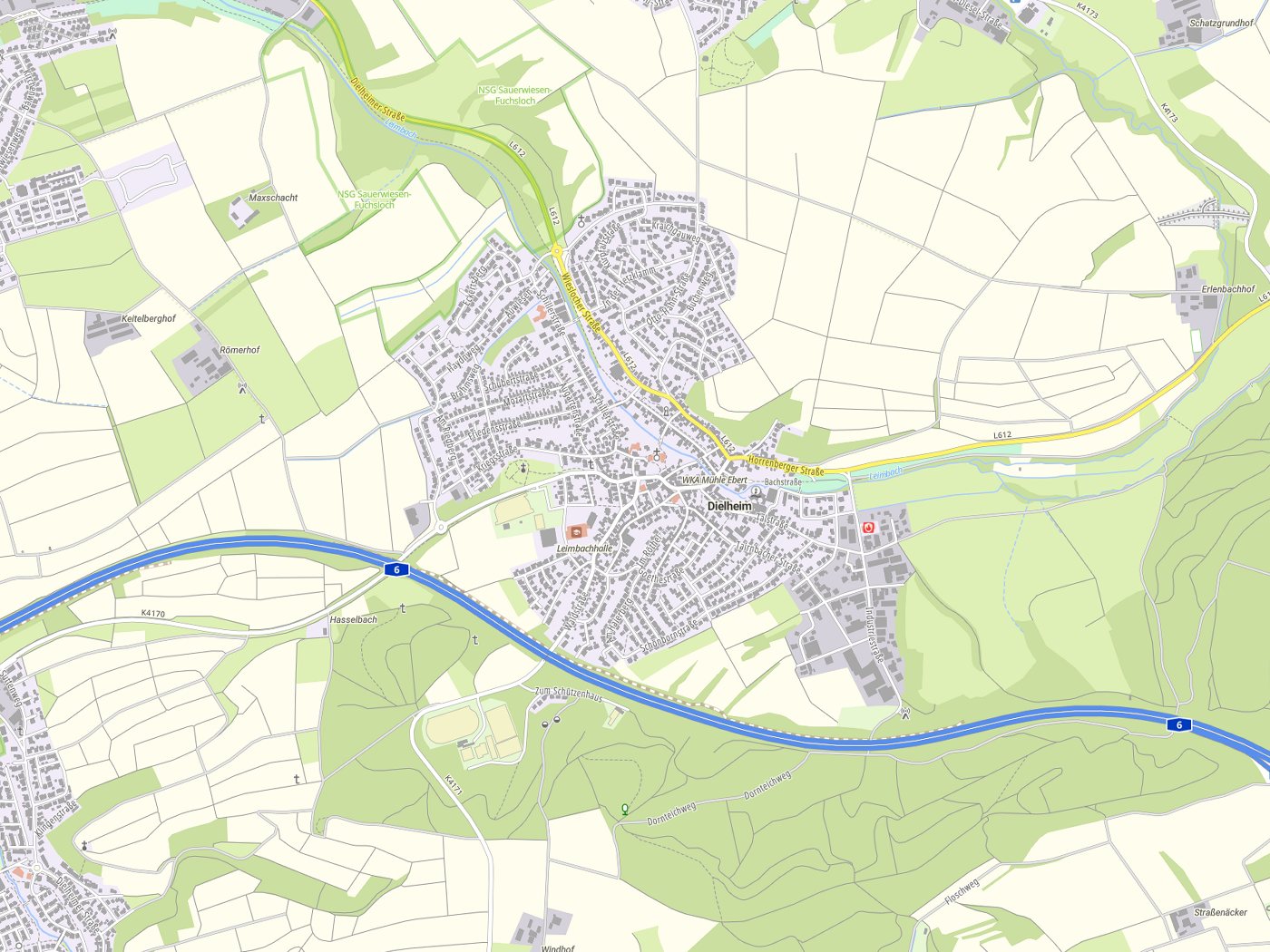 Kartenausschnitt Dielheim mit Gewässern