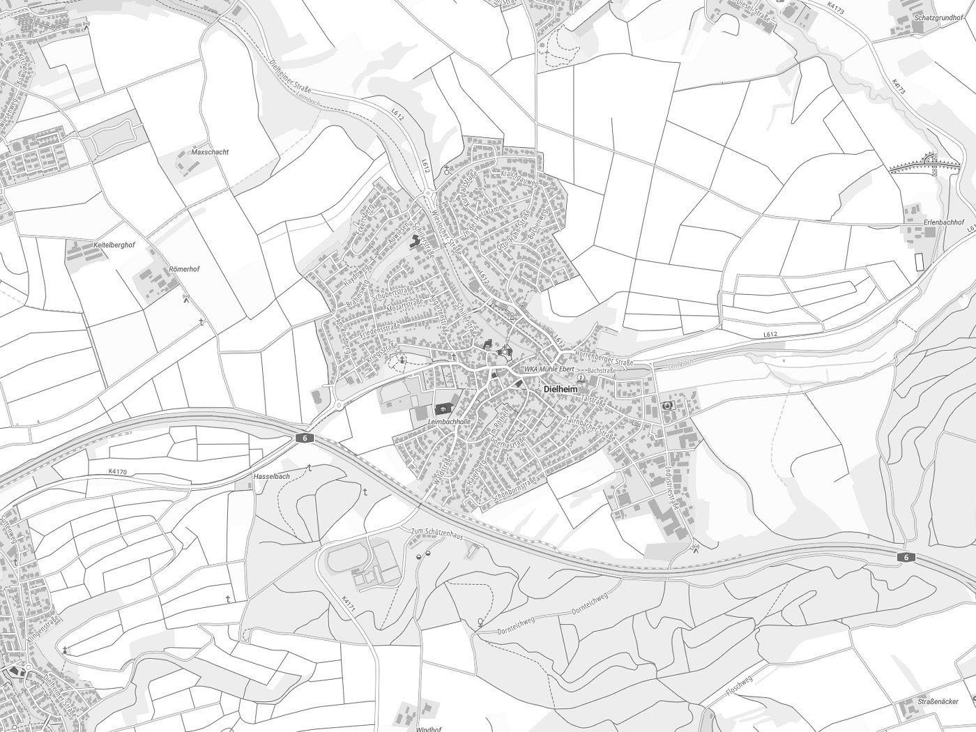 Kartenausschnitt Dielheim mit Gewässern