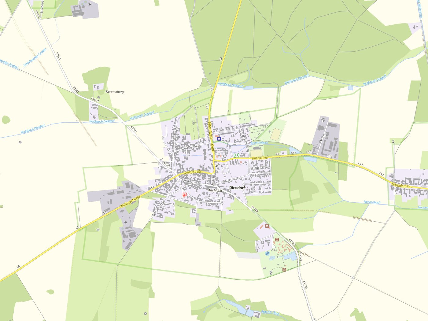 Kartenausschnitt Diesdorf mit Gewässern