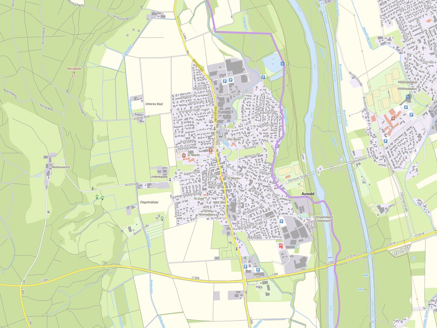Kartenausschnitt Dietenheim mit Gewässern