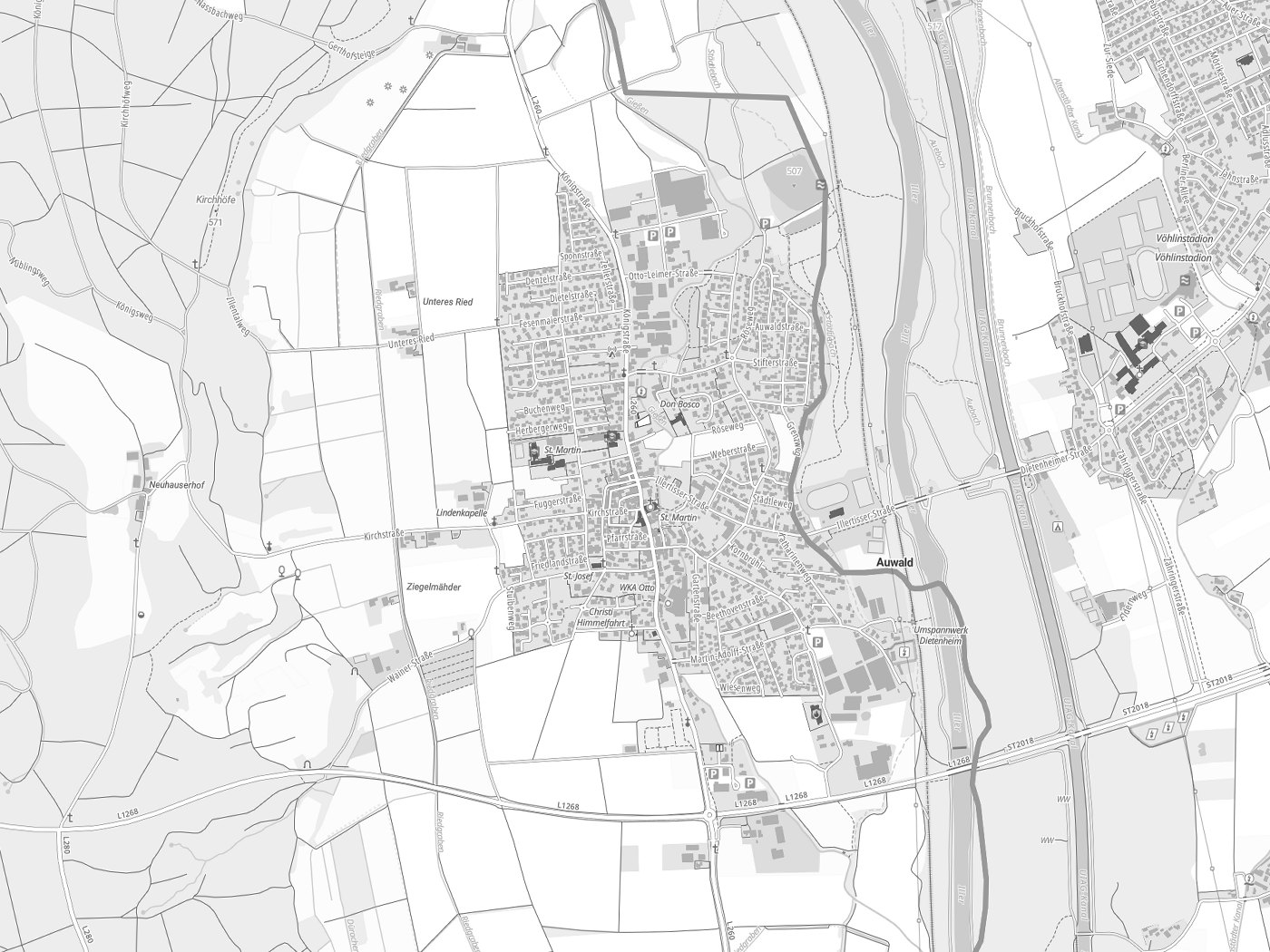 Kartenausschnitt Dietenheim mit Gewässern
