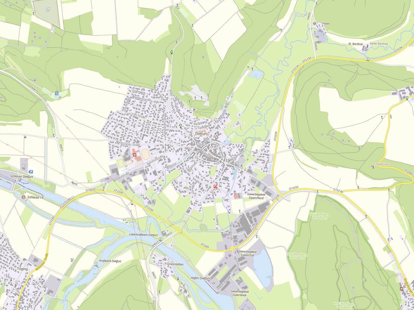 Kartenausschnitt Dietfurt a.d.Altmühl mit Gewässern