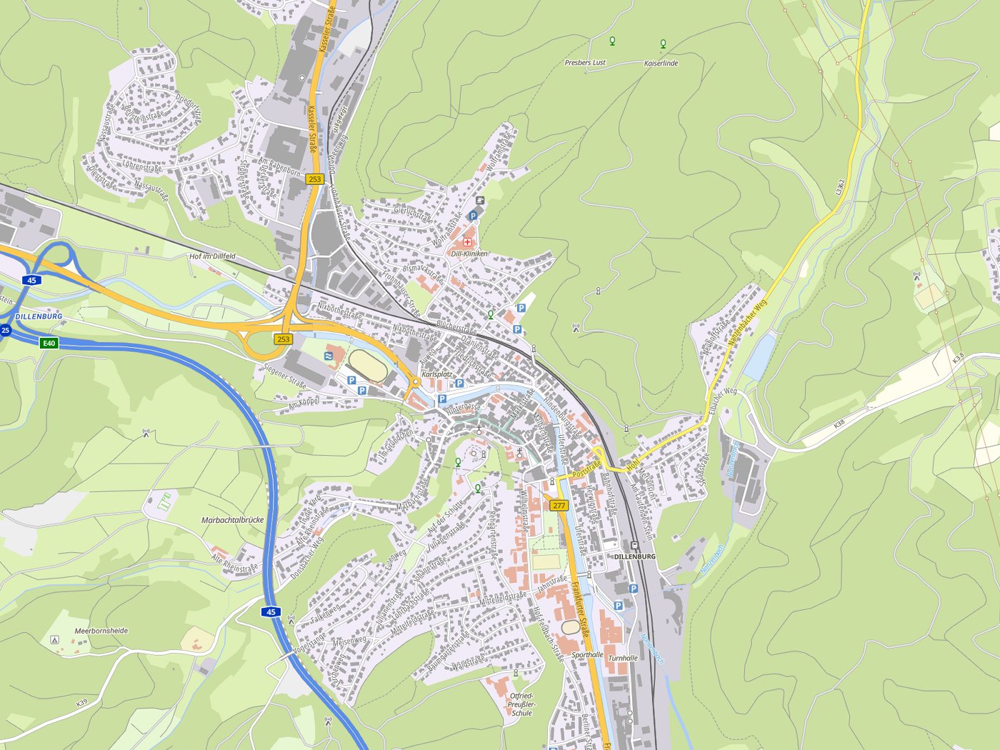 Kartenausschnitt Dillenburg mit Gewässern