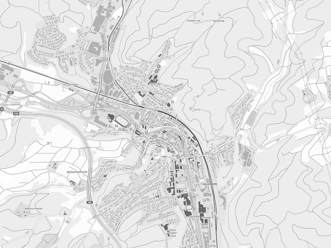 Kartenausschnitt Dillenburg mit Gewässern