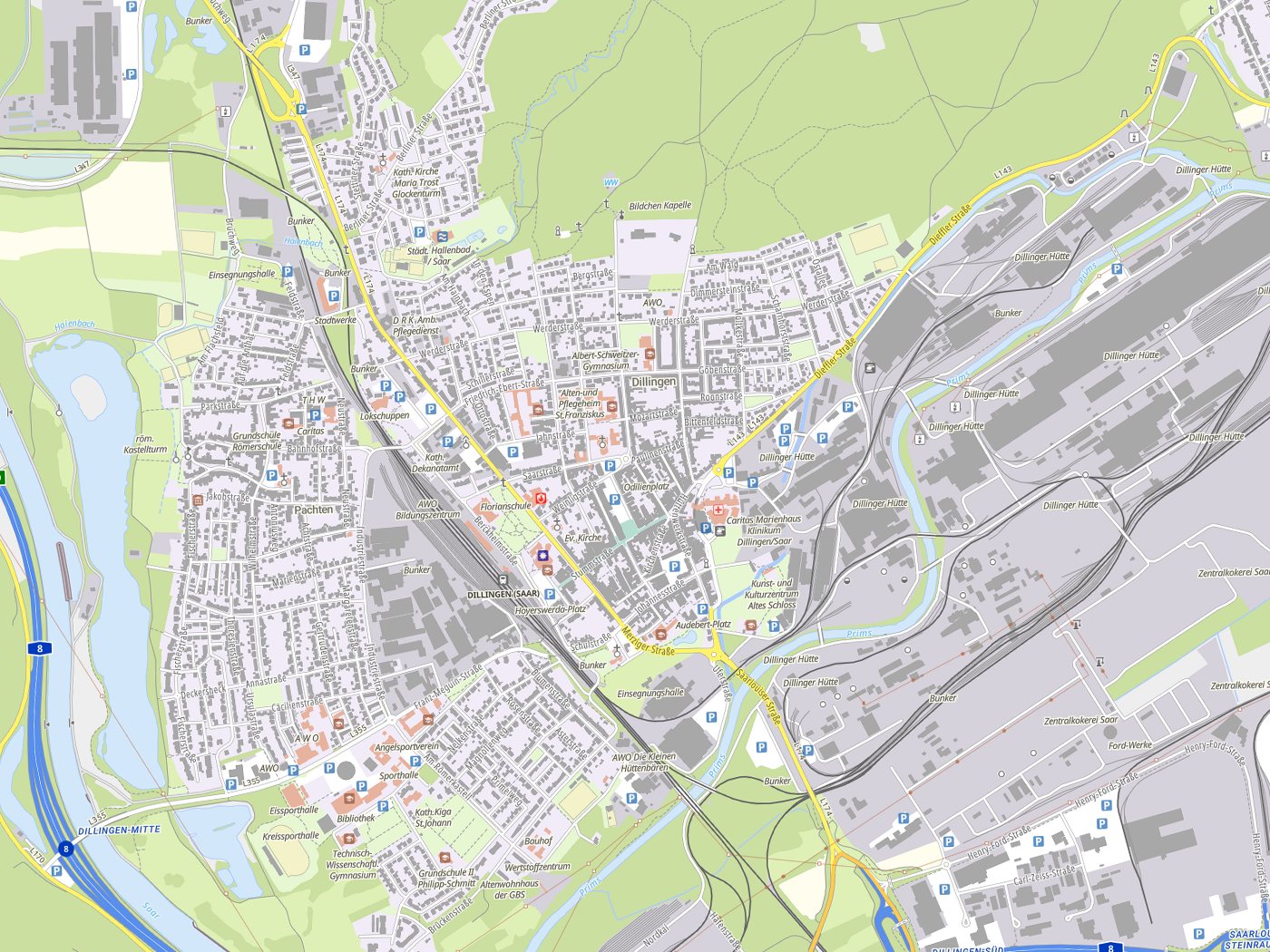 Kartenausschnitt Dillingen mit Gewässern