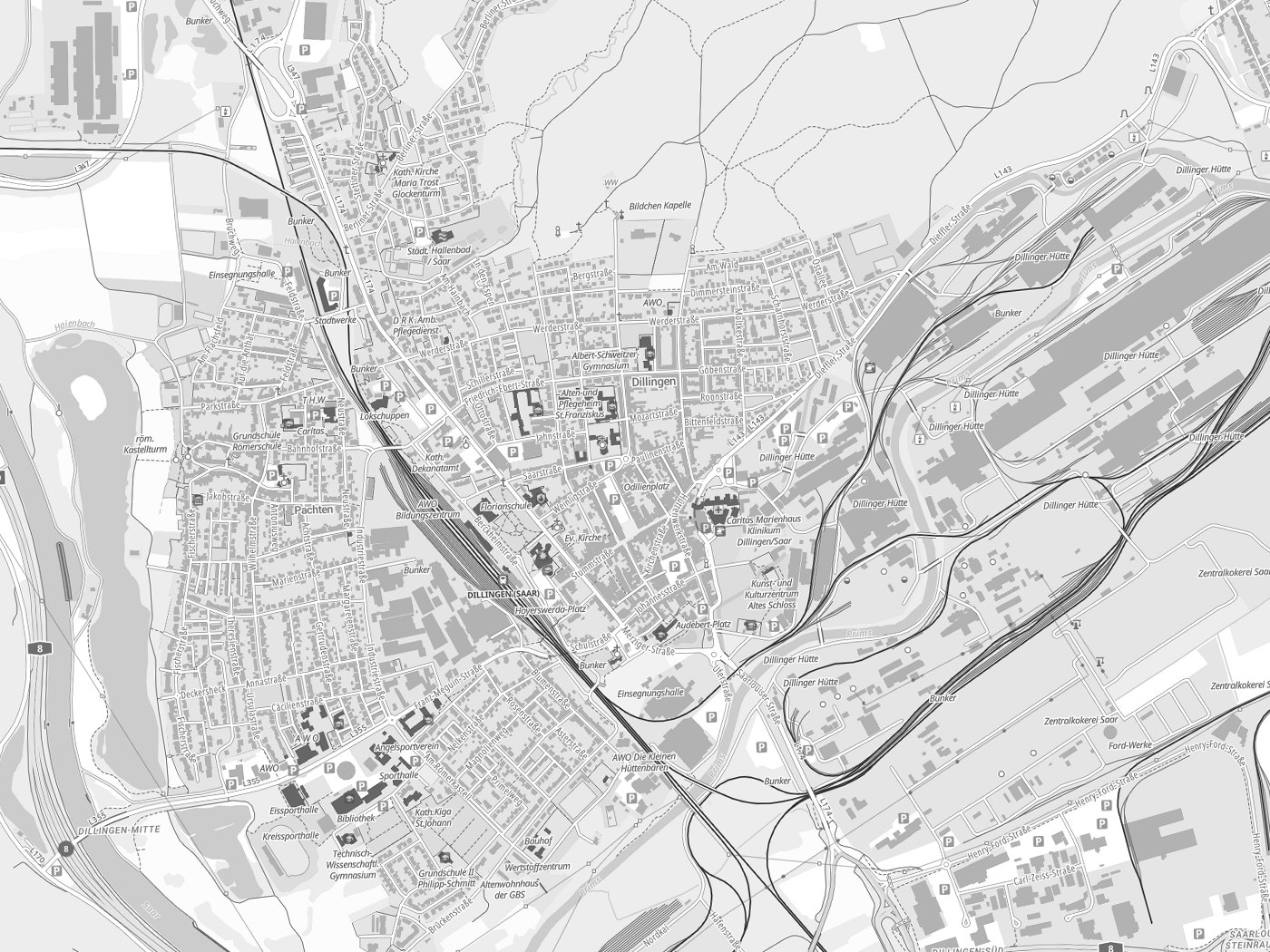 Kartenausschnitt Dillingen mit Gewässern