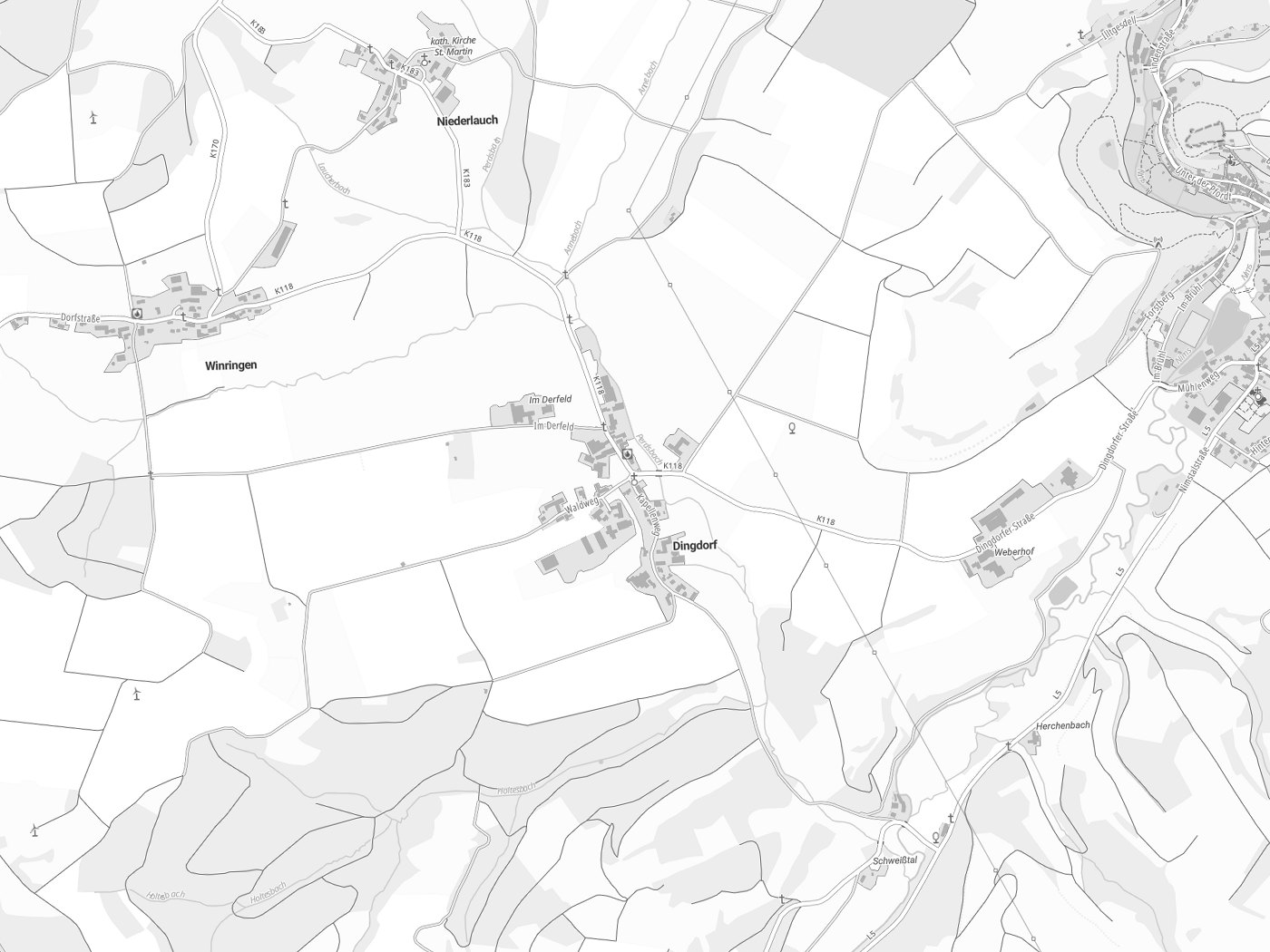 Kartenausschnitt Dingdorf mit Gewässern