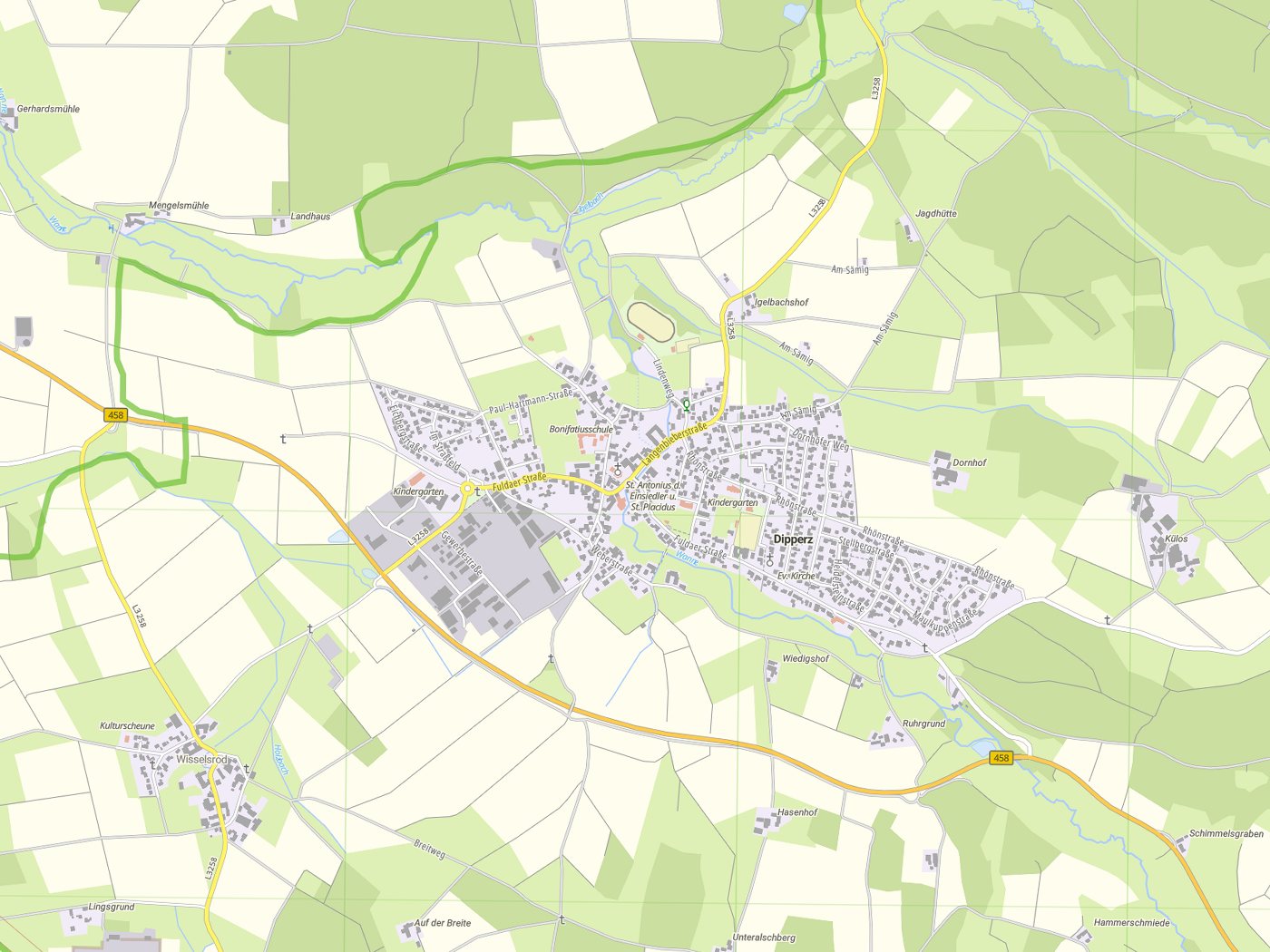 Kartenausschnitt Dipperz mit Gewässern